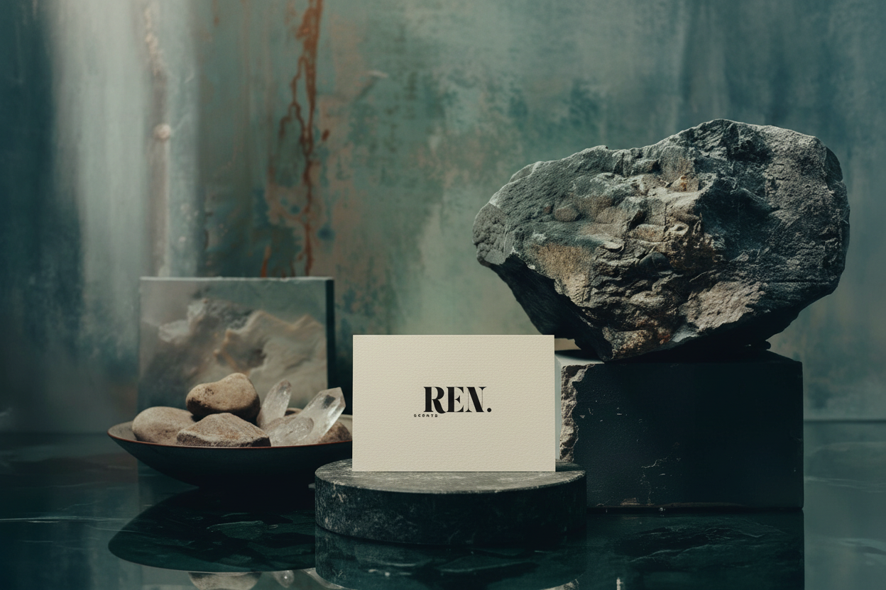 REN SCENTS card with artistic stone arrangement